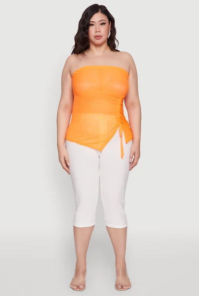 Womens Plus Size Sheer Ruched Drawstring Tube Top, Orange, Size 1X
