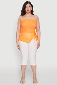 Womens Plus Size Sheer Ruched Drawstring Tube Top, Orange, Size 1X