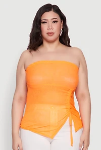 Womens Plus Size Sheer Ruched Drawstring Tube Top, Orange, Size 1X