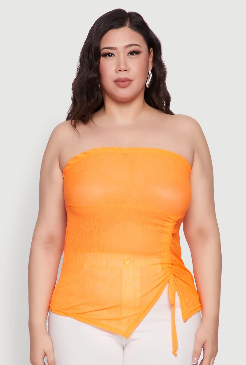 Womens Plus Sheer Ruched Drawstring Tube Top, 3X