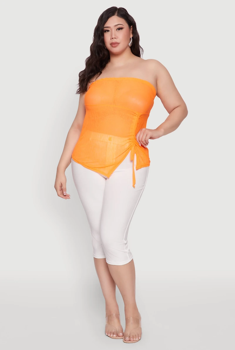 Womens Plus Sheer Ruched Drawstring Tube Top,