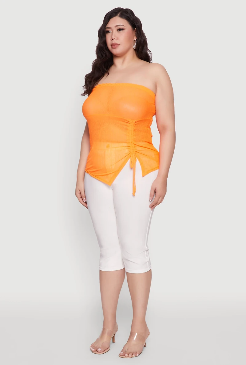 Womens Plus Size Sheer Ruched Drawstring Tube Top, Orange, Size 1X