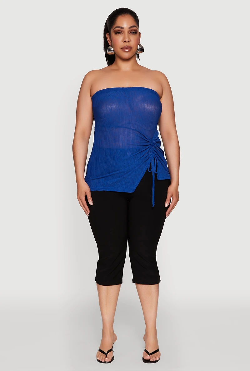 Womens Plus Size Sheer Ruched Drawstring Tube Top, Blue, Size 3X