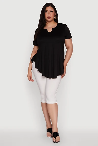 Womens Plus Stylish Peplum Top with Notch Neck and Short Sleeves,