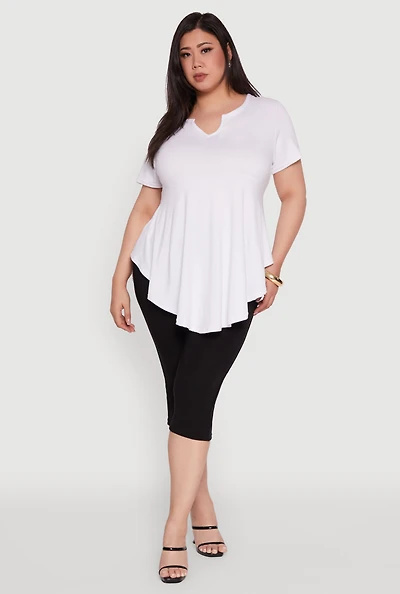 Plus Peplum Top with Notch Neck and Short Sleeves