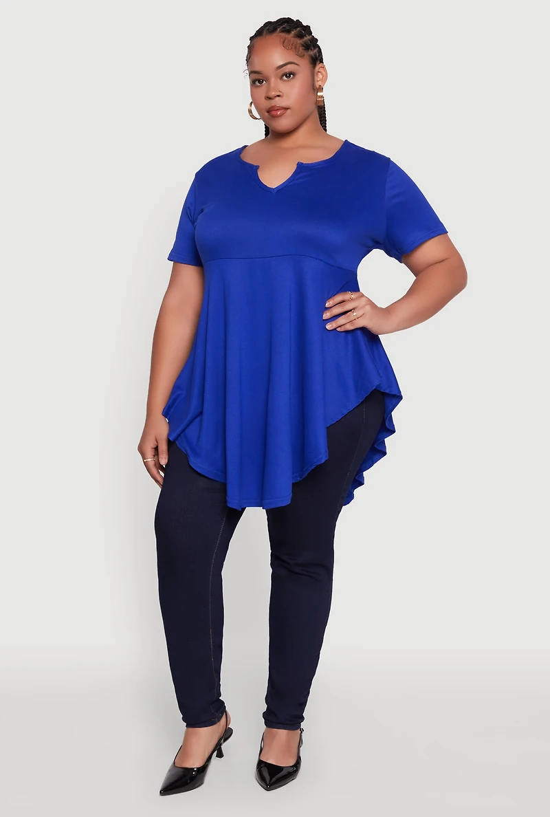 Plus Peplum Top with Notch Neck and Short Sleeves