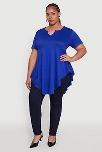 Plus Peplum Top with Notch Neck and Short Sleeves