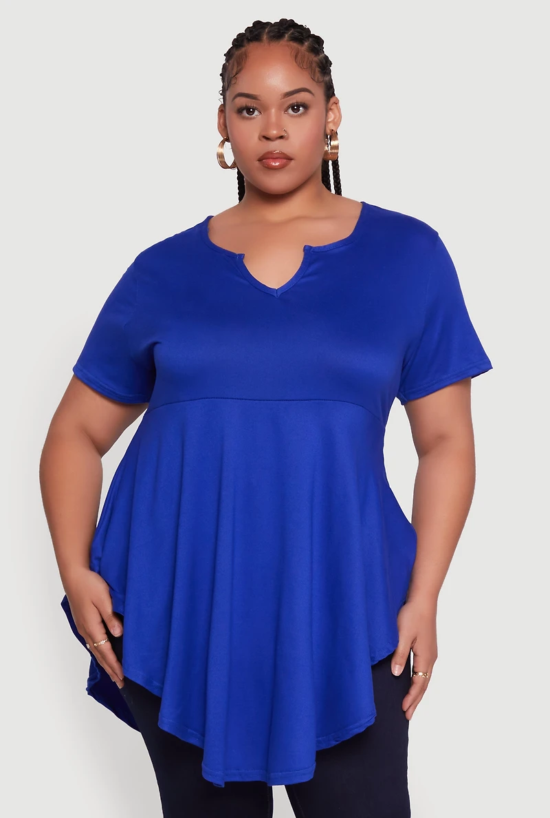 Womens Plus Size Peplum Top with Notch Neck and Short Sleeves, Blue, Size 1X