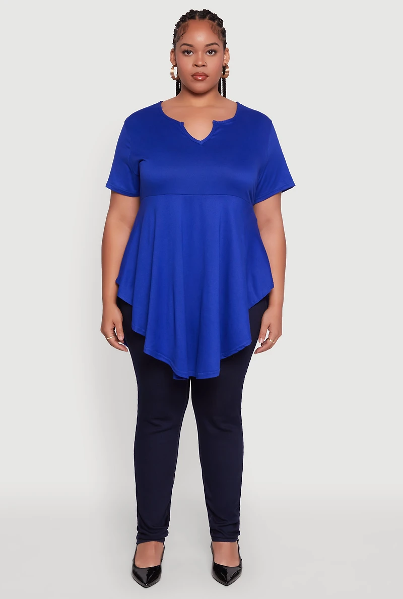 Womens Plus Size Peplum Top with Notch Neck and Short Sleeves, Blue, Size 1X