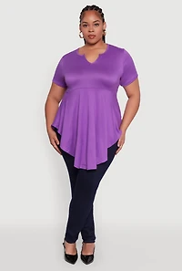 Womens Plus Size Peplum Top with Notch Neck and Short Sleeves, Purple, Size 1X