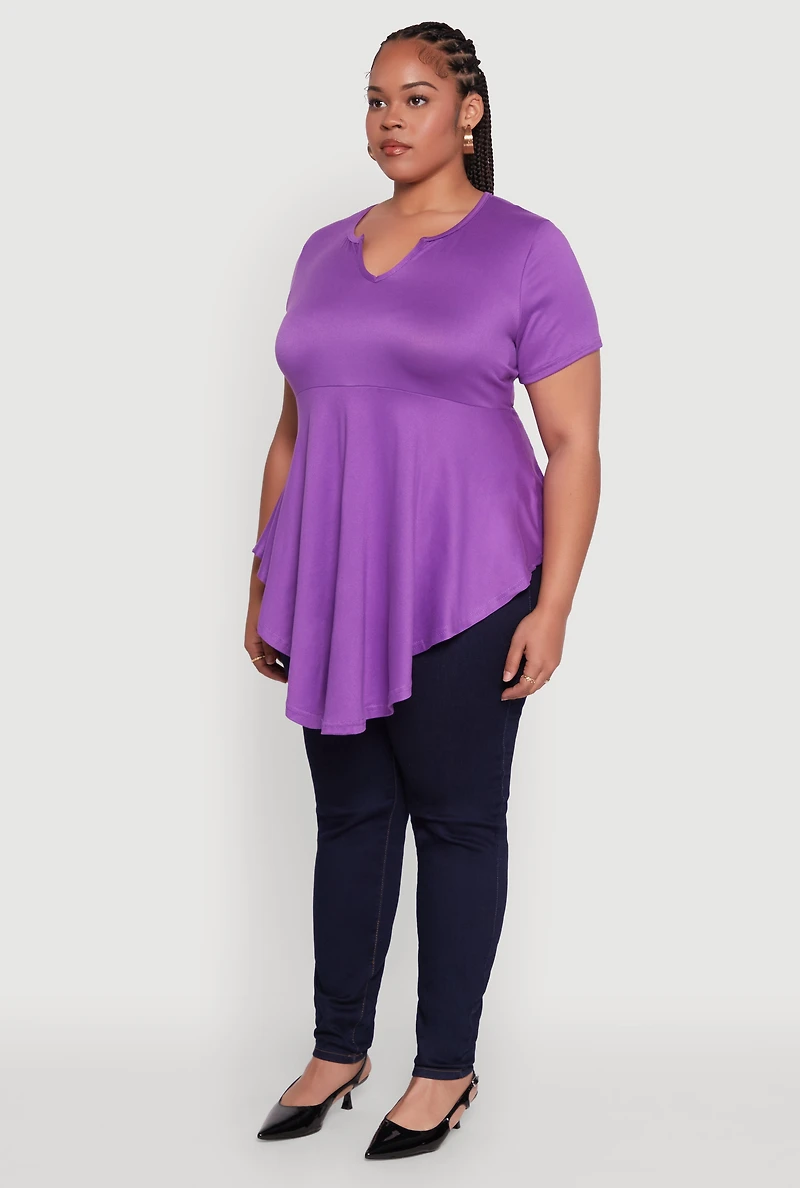Womens Plus Size Peplum Top with Notch Neck and Short Sleeves, Purple, Size 1X