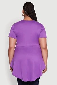 Womens Plus Size Peplum Top with Notch Neck and Short Sleeves, Purple, Size 1X