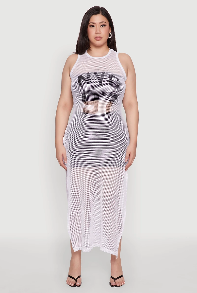 Womens Plus Size NYC 97 Fishnet Maxi Top, White, Size 1X