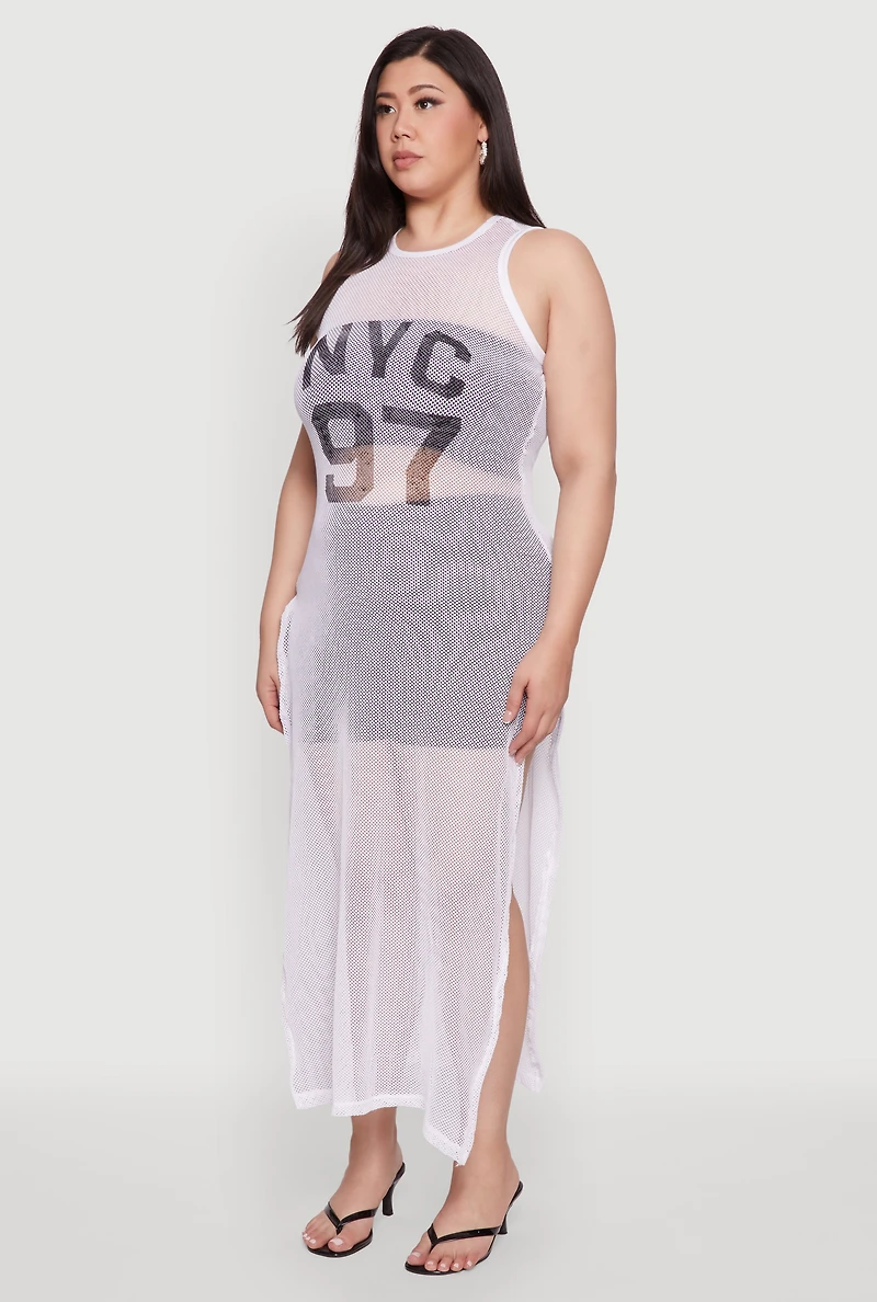 Womens Plus Size NYC 97 Fishnet Maxi Top, White, Size 1X