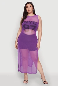 Womens Plus Size NYC 97 Fishnet Maxi Top, Purple, Size 3X