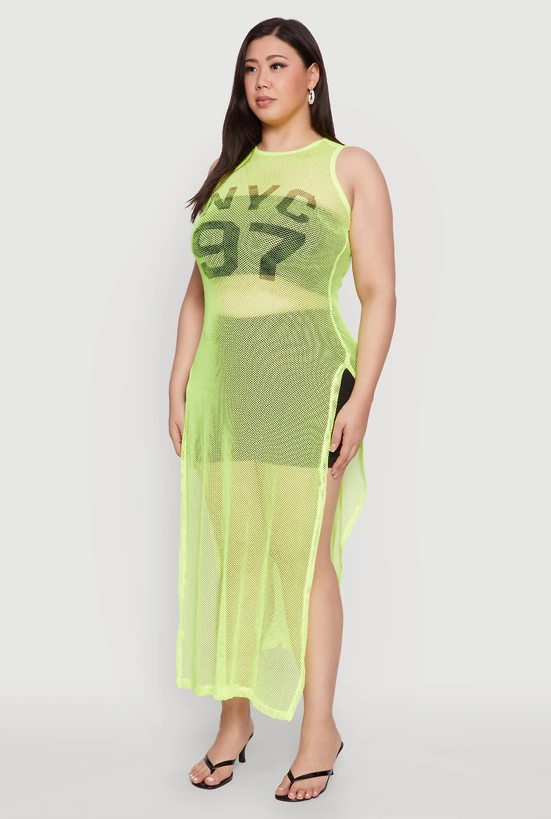 Womens Plus Size NYC 97 Fishnet Maxi Top, Green, Size 4X