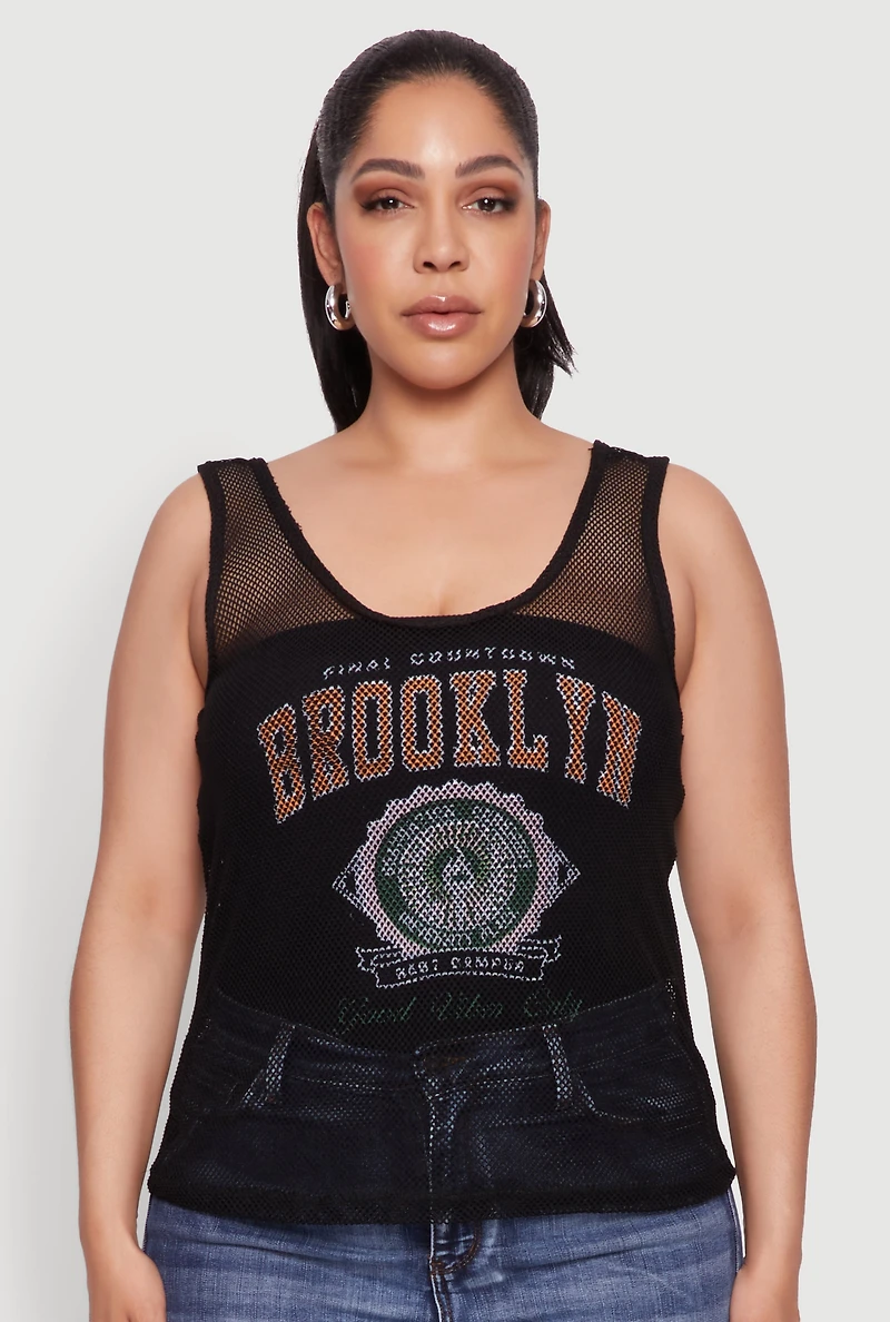 Womens Plus Size Brooklyn Graphic Fishnet Tank Top, Black, Size 2X