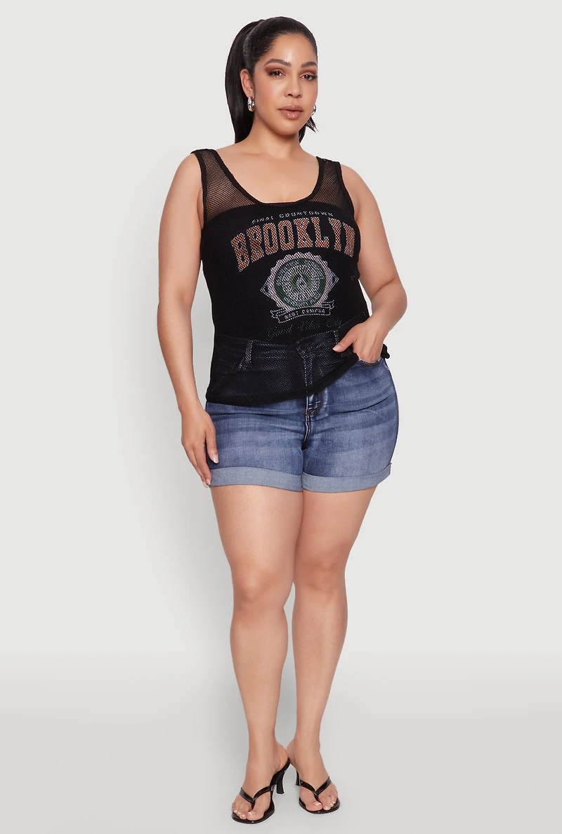 Womens Plus Size Brooklyn Graphic Fishnet Tank Top, Black, Size 2X