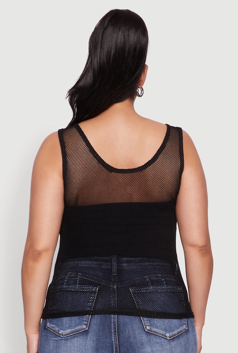 Womens Plus Size Brooklyn Graphic Fishnet Tank Top, Black, Size 2X
