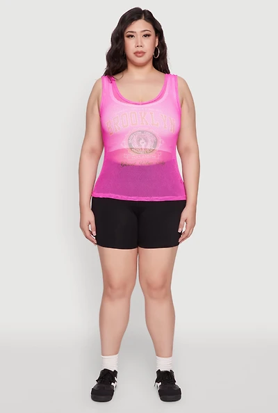 Womens Plus Size Brooklyn Graphic Fishnet Tank Top, Pink, Size 4X