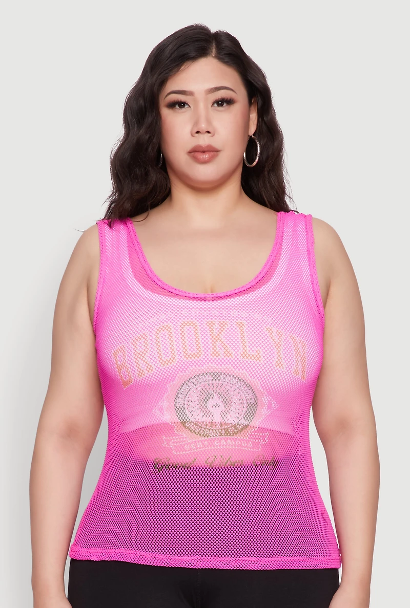 Womens Plus Size Brooklyn Graphic Fishnet Tank Top, Pink, Size 4X