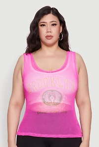 Womens Plus Size Brooklyn Graphic Fishnet Tank Top, Pink, Size 4X