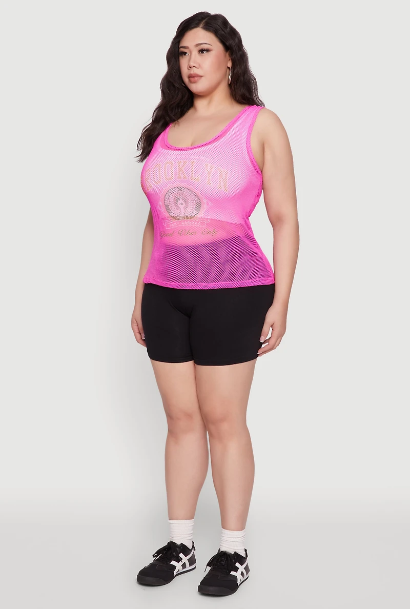 Womens Plus Size Brooklyn Graphic Fishnet Tank Top, Pink, Size 4X