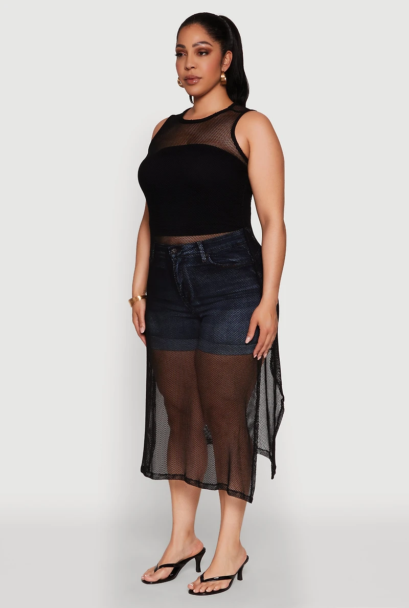 Womens Plus Size Fishnet Side Slit Maxi Tank Top, Black, Size 4X
