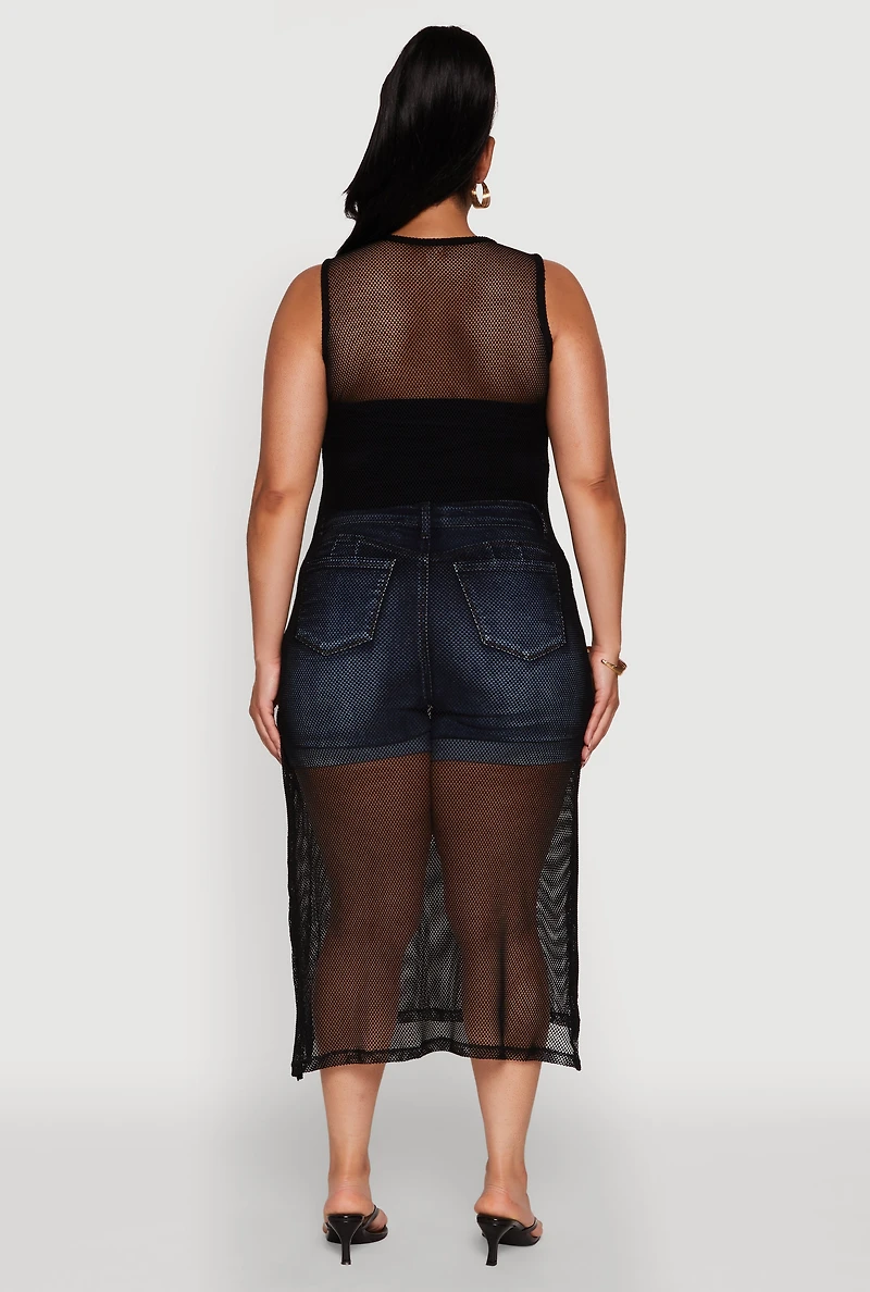 Womens Plus Size Fishnet Side Slit Maxi Tank Top, Black, Size 4X