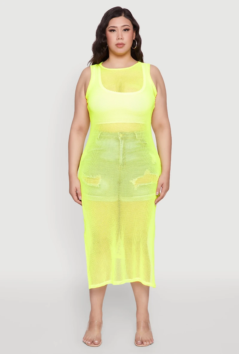 Womens Plus Size Fishnet Side Slit Maxi Tank Top, Yellow, Size 4X