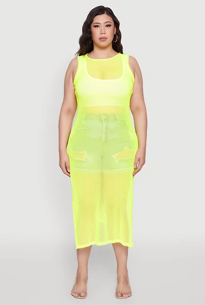 Womens Plus Size Fishnet Side Slit Maxi Tank Top, Yellow, Size 4X