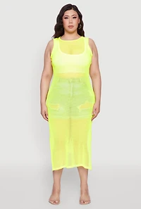 Womens Plus Size Fishnet Side Slit Maxi Tank Top, Yellow, Size 3X