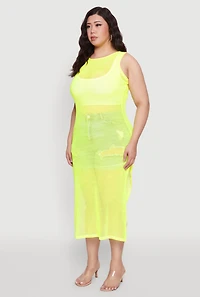 Womens Plus Size Fishnet Side Slit Maxi Tank Top, Yellow, Size 4X