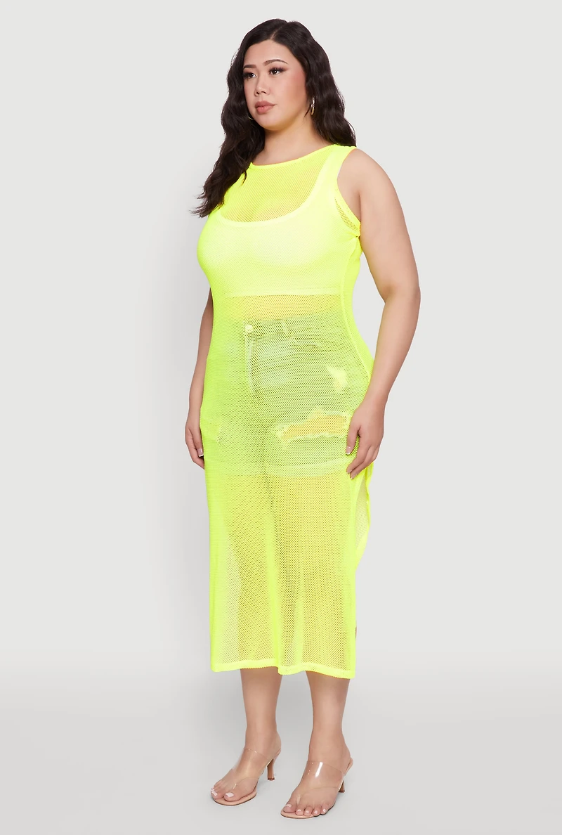 Womens Plus Size Fishnet Side Slit Maxi Tank Top, Yellow, Size 3X