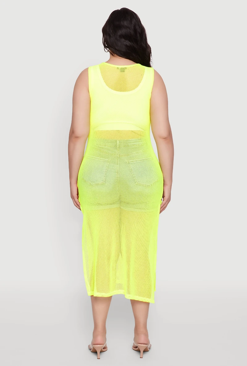 Womens Plus Size Fishnet Side Slit Maxi Tank Top, Yellow, Size 3X