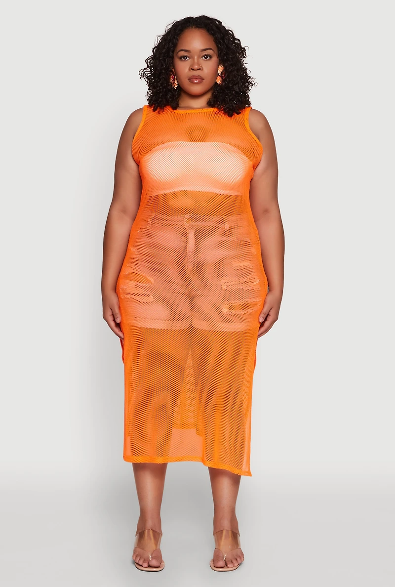 Womens Plus Size Fishnet Side Slit Maxi Tank Top, Orange, Size 1X