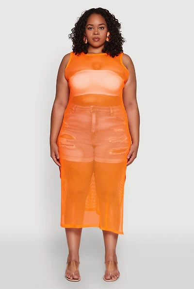 Womens Plus Size Fishnet Side Slit Maxi Tank Top, Orange, Size 1X