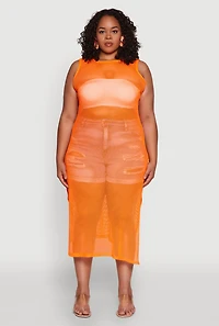 Womens Plus Size Fishnet Side Slit Maxi Tank Top, Orange, Size 1X