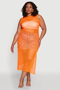 Womens Plus Size Fishnet Side Slit Maxi Tank Top, Orange, Size 1X