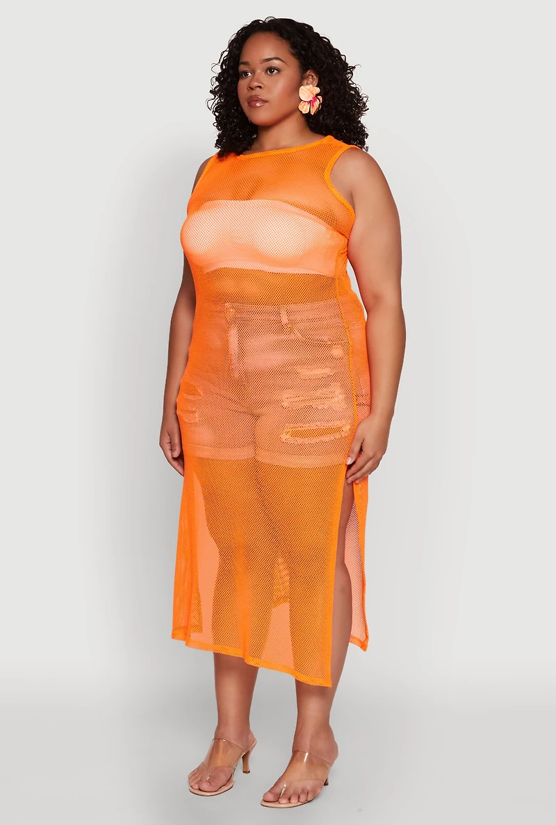 Womens Plus Size Fishnet Side Slit Maxi Tank Top, Orange, Size 1X