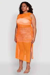 Womens Plus Size Fishnet Side Slit Maxi Tank Top, Orange, Size 1X