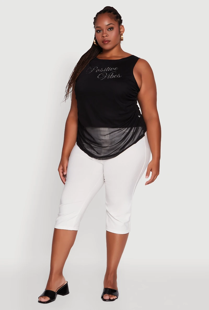 Plus Mesh Positive Vibes Graphic Side Ruched Tank Top