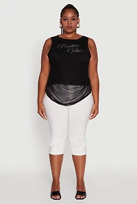 Womens Plus Mesh Positive Vibes Graphic Side Ruched Tank Top,