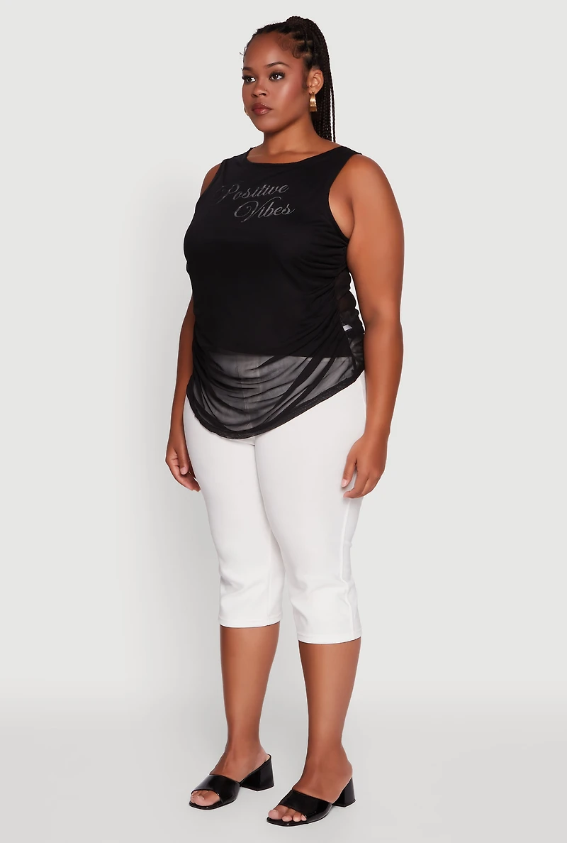 Womens Plus Mesh Positive Vibes Graphic Side Ruched Tank Top, 2X
