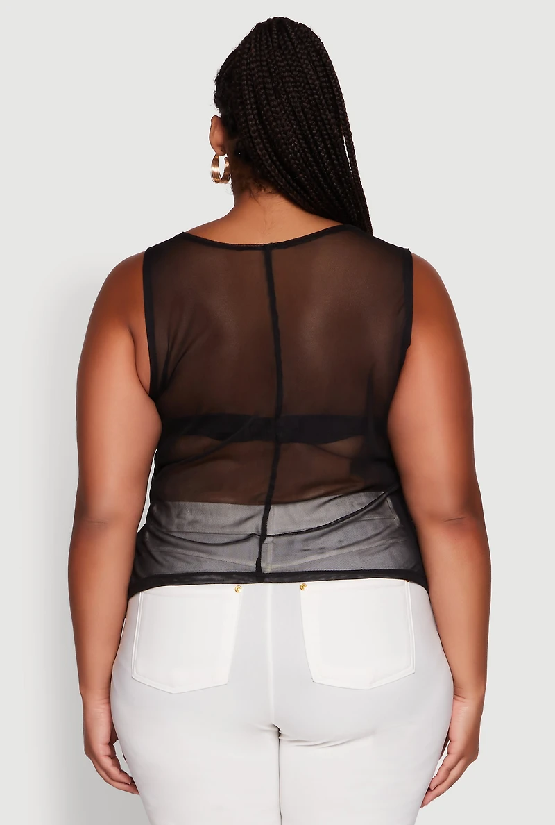 Womens Plus Mesh Positive Vibes Graphic Side Ruched Tank Top, 2X