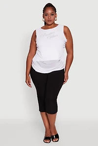 Plus Mesh Positive Vibes Graphic Side Ruched Tank Top