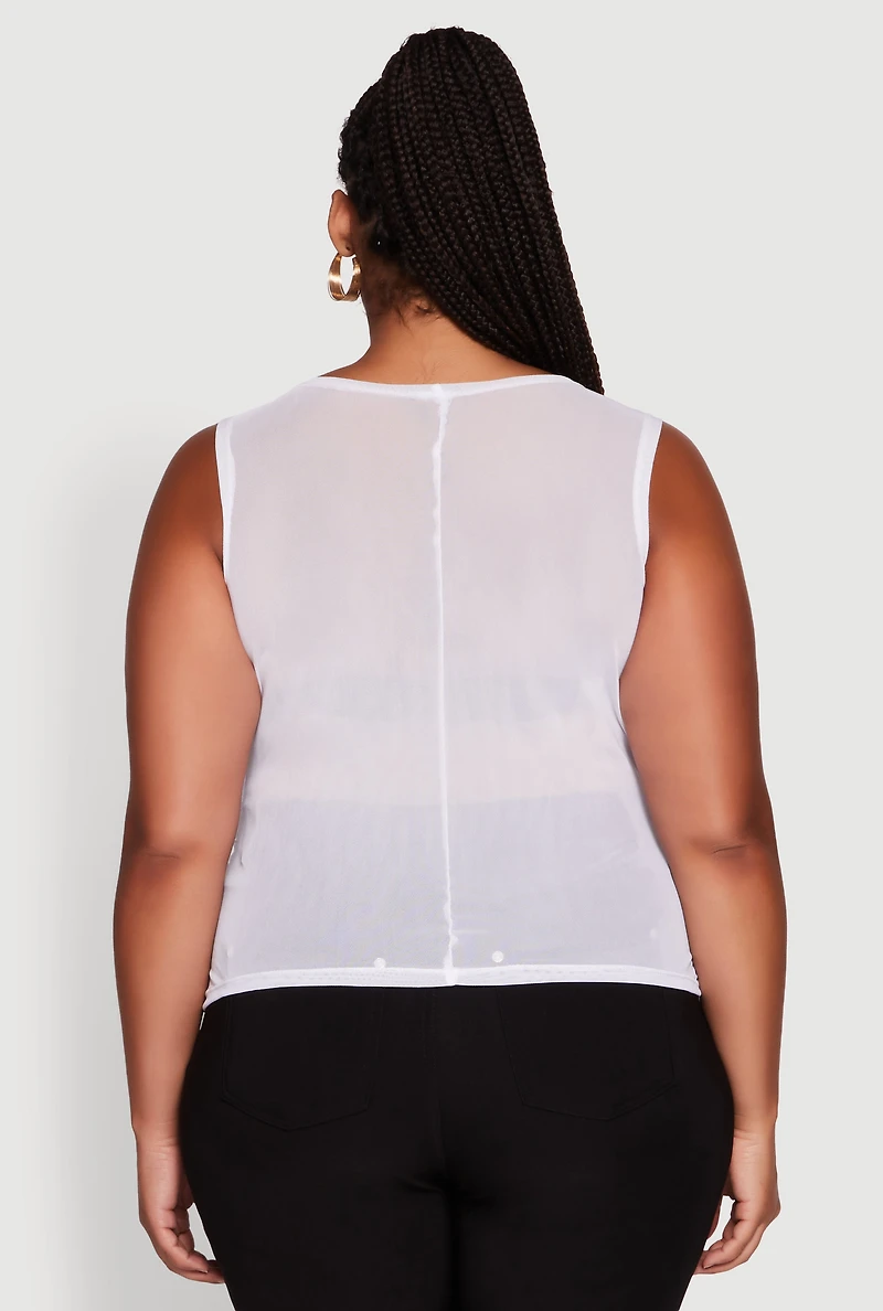 Plus Mesh Positive Vibes Graphic Side Ruched Tank Top