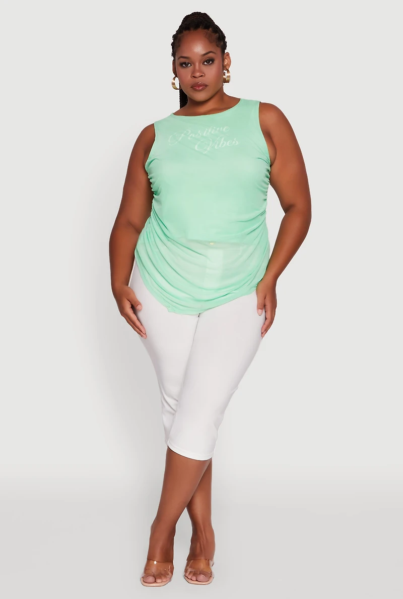 Plus Mesh Positive Vibes Graphic Side Ruched Tank Top