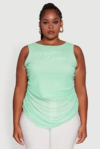 Womens Plus Mesh Positive Vibes Graphic Side Ruched Tank Top,