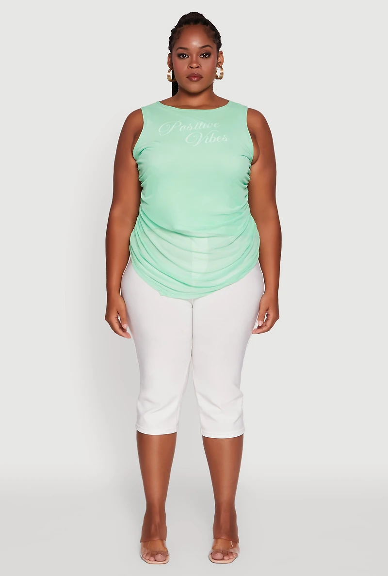 Womens Plus Mesh Positive Vibes Graphic Side Ruched Tank Top,